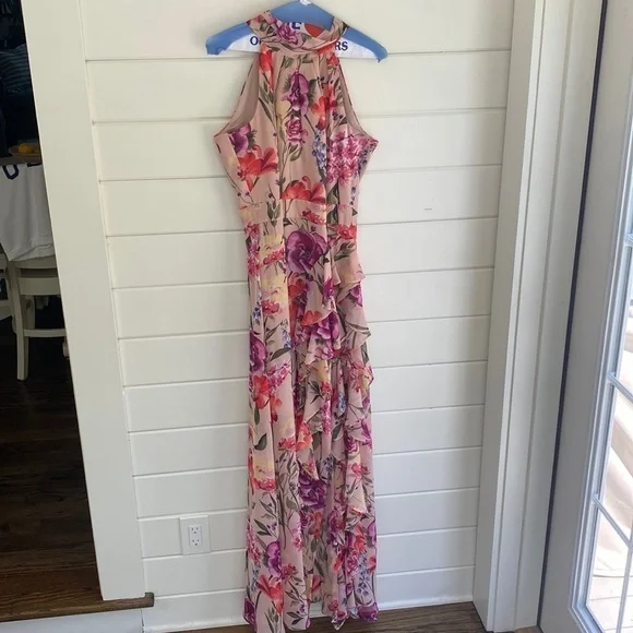 Eliza J | Halter Neck Floral Print Chiffon Sleeveless Side Slit Cascade Ruffle - Picture 2 of 11